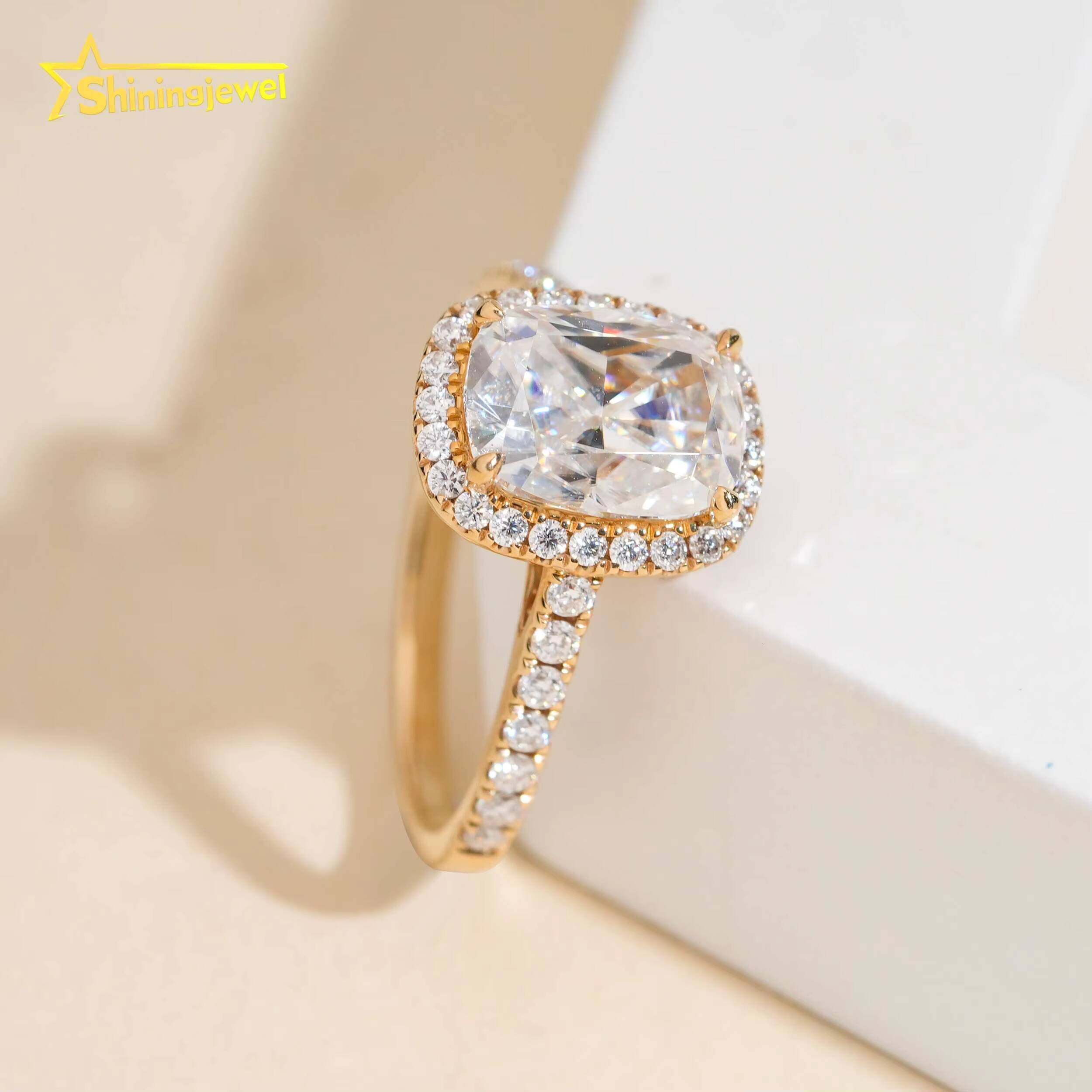 14k Solid Gold Engagement Wedding Pass Diamond Test Long Cushion Cut Moissanite Lab Diamond Cluster Design Ring for Women