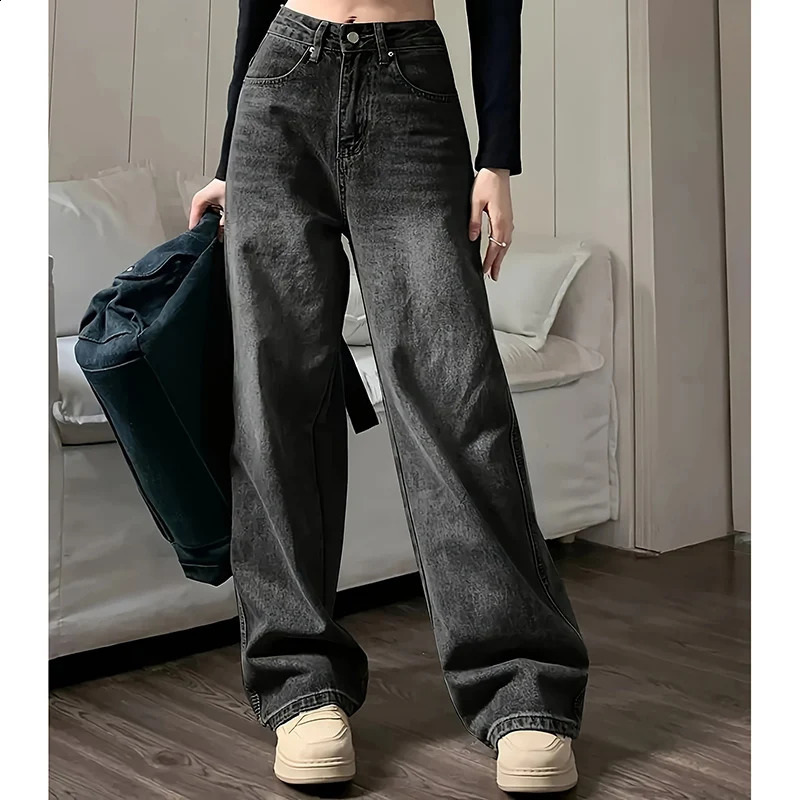 Women Fashion Loose Jeans Female High Waist Streetwear Wide Leg Trousers Female Classic Gray Goth Straight Leg Pants 251023