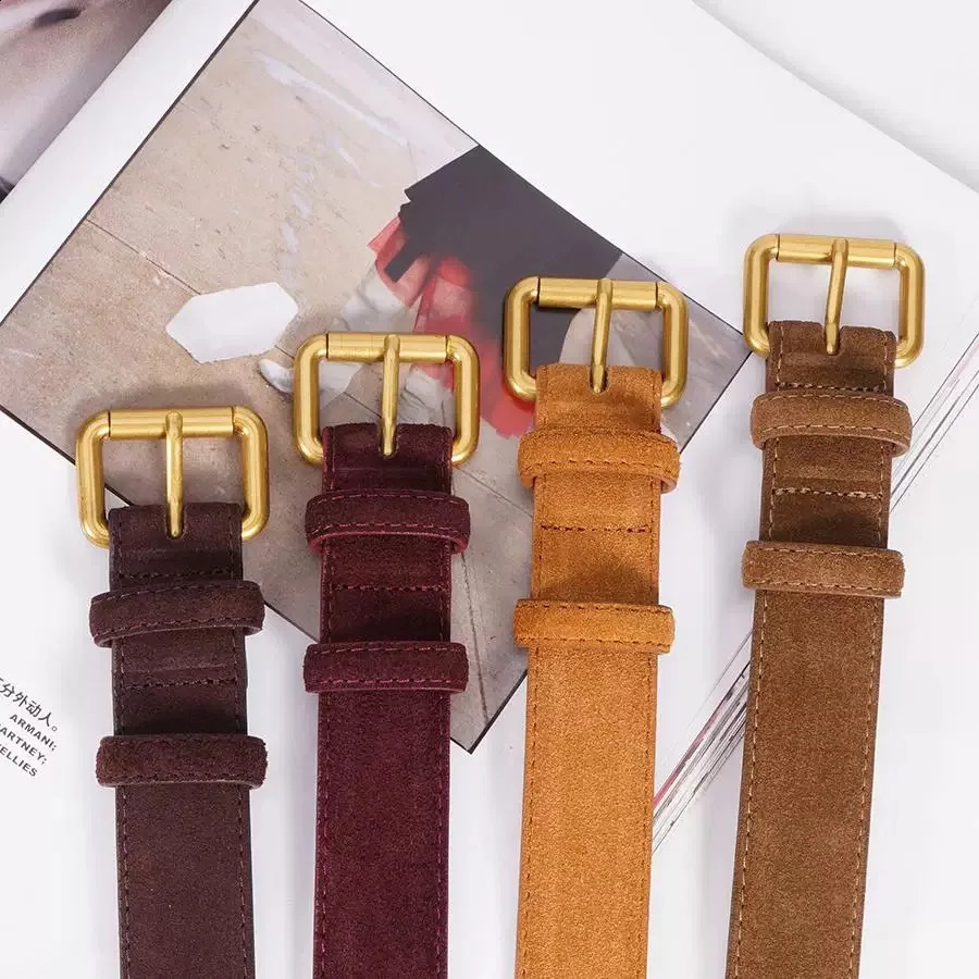 Suede Cowhide Leather Belt for Women Vintage Style with Gold Buckle 33cm Wide Waistband for Dresses Jeans 251013