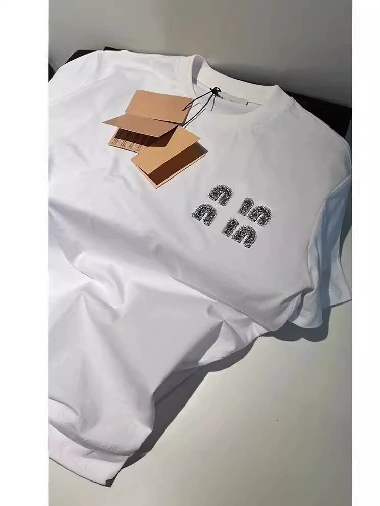 Femme Fashion T-Shirt Diamonds Letter White Short Sleeve T-Shirts Summer Casual Loose Top Tee Women Clothing Simplicity Shirt