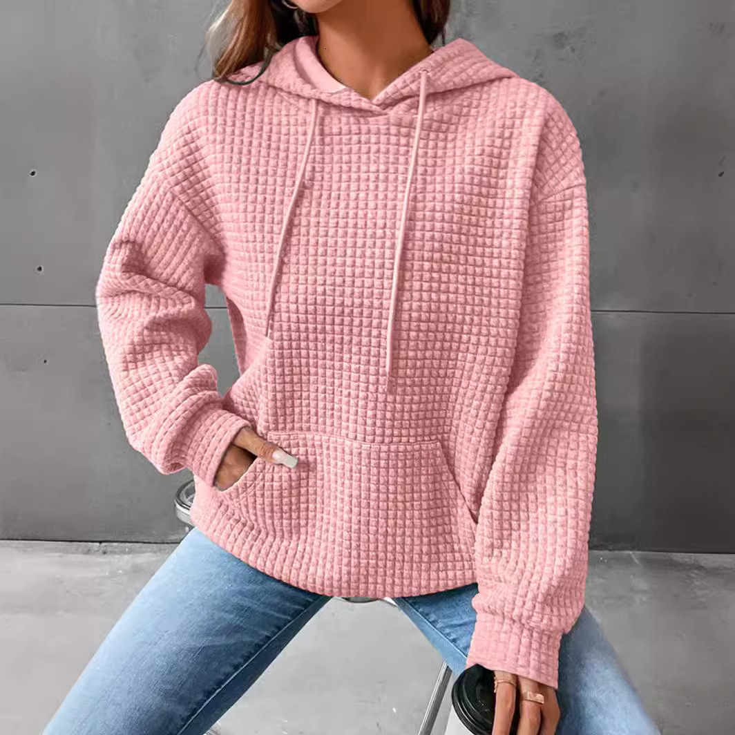 Autumn Winter Women's New Style Small Plaid Round Neck Hooded Long Sleeve Sweatshirt Solid Color Top for Women