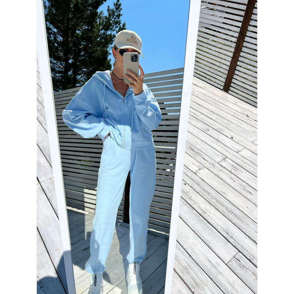 Casual Women's Solid Color Long Sleeve Zipper Hoodie Elastic Waistband Pants Two-Piece Set