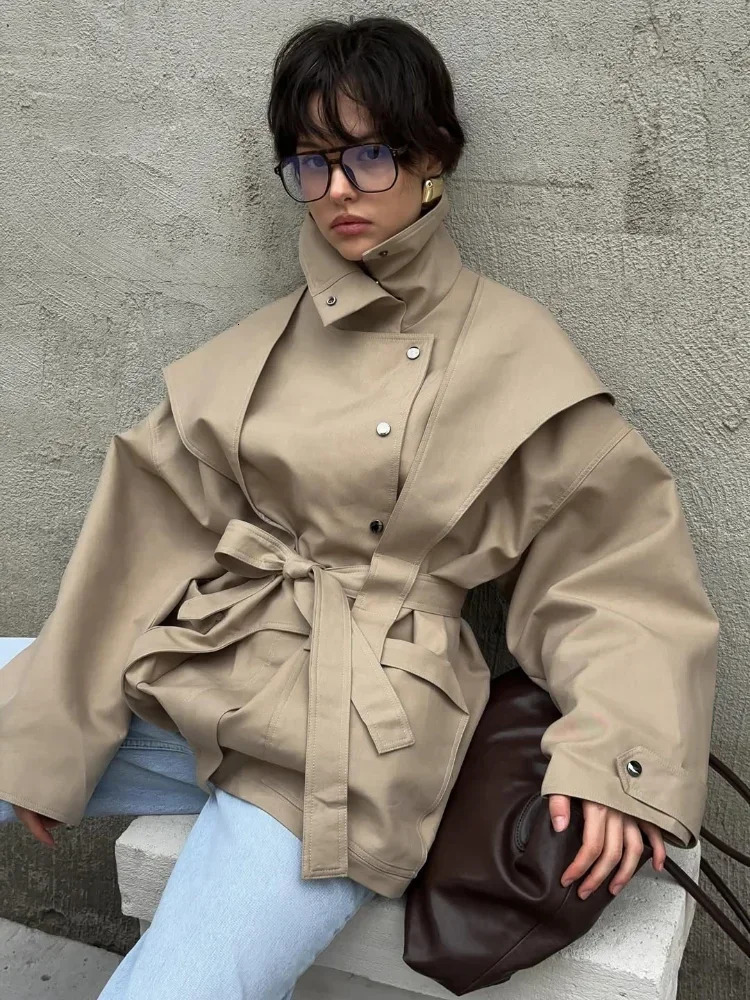 Women Waist Cinching Windbreaker Fashion Solid High Neck Buttons Long Sleeve Singlebreasted Coats Lady Street Jacket 251021