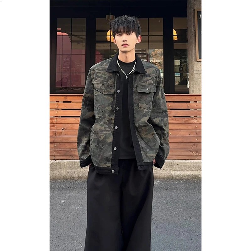 Mens Autumn Washed Turn Down Collar Camo Denim Jacket SingleBreast Long Sleeve Loose Fit Vintage Workwear Coat Street Style 251017