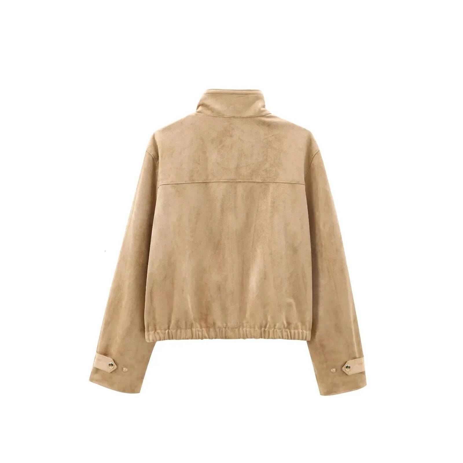 New Women's Fashion European American Style Simple And Versatile High Collar Long Sleeve Leather Suede Casual Jacket dongdumaoyi