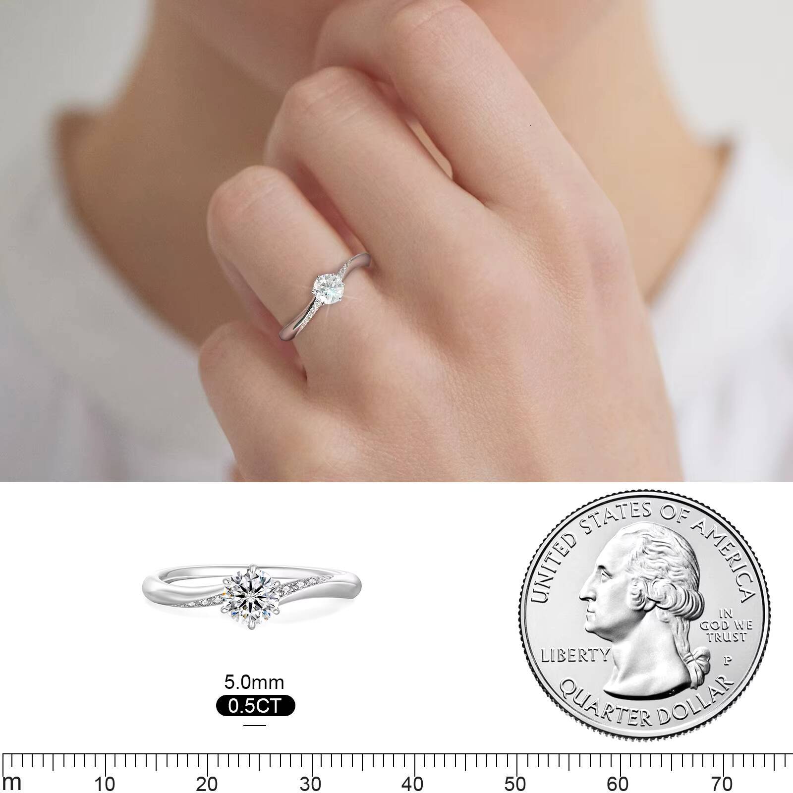 14K White Gold Plated 925 Silver VVS Round Moissanite Lab Created Diamond Solitaire Engagement 6 Prong Side Stone Ring for Women