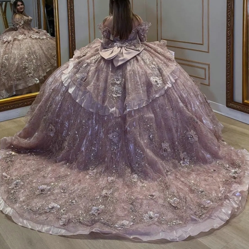 Rose Gold Crystal Sequined Ruffles Quinceanera Dresses Ball Gown 3D Flowers Appliques Lace Bow Sweet 15 Anos Mexican