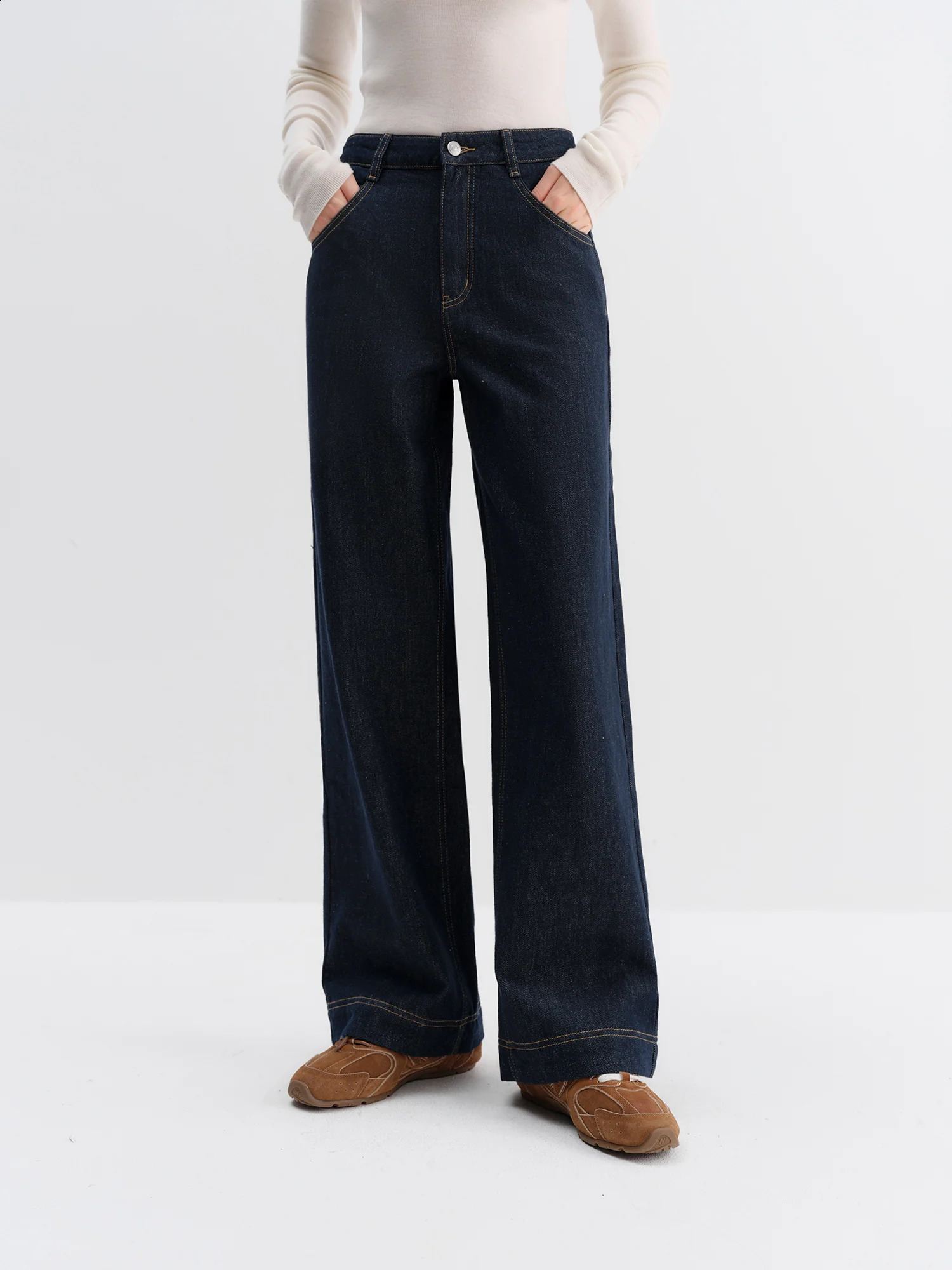 FSLE Straight High Waist Jeans for Women Winter Solid Simple Allmatch 2025 Long and Short Versatile Pants Korean Style 251018