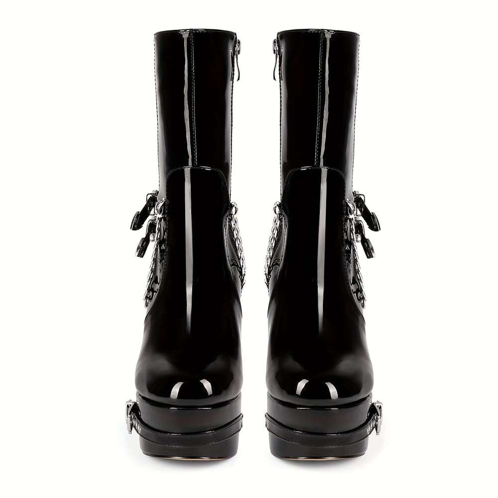 Black Chain Rivet Waterproof Platform Thick Heel Short Boots