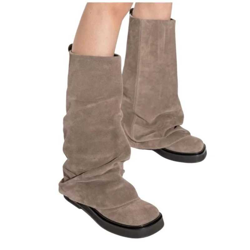 Brand Fashion 2024 New Autumn And Winter Round Head Long Boots Leather shoes Metal Knight Boots Fold Flat Boots Punk Style X260526
