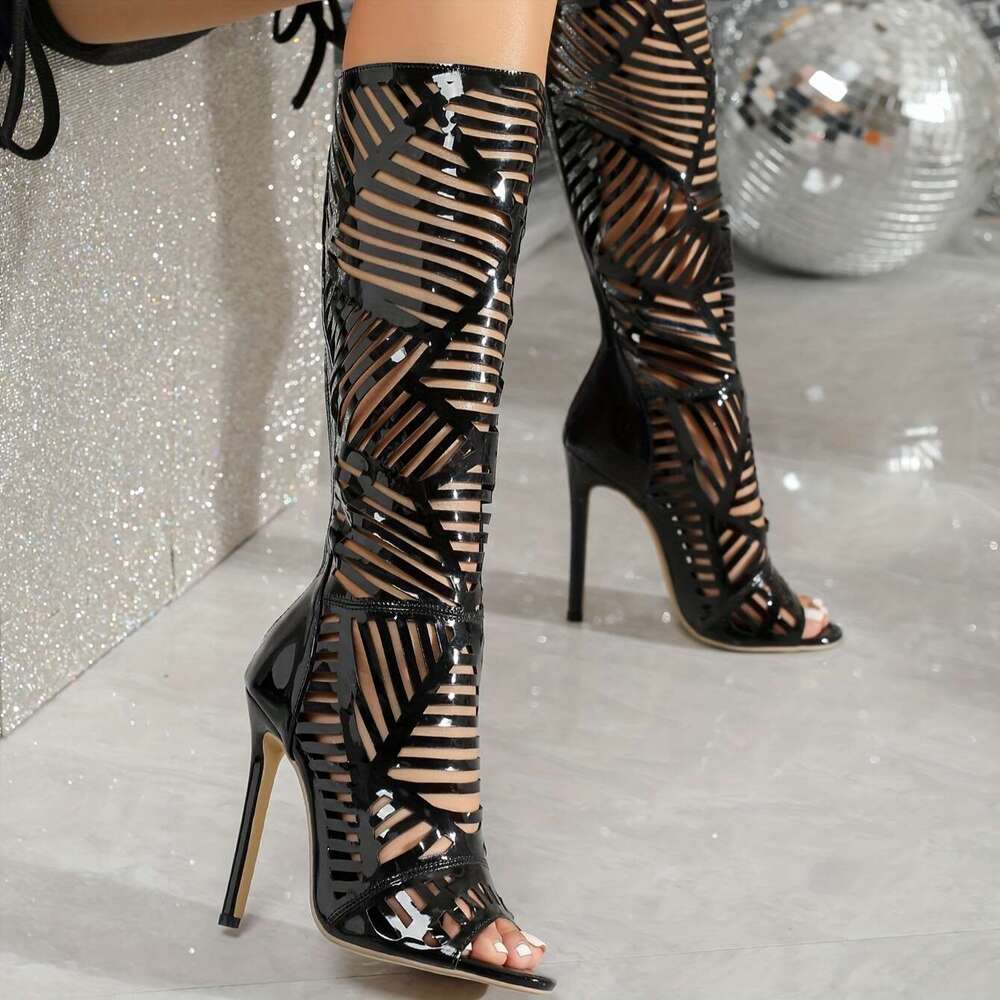Women's Stylish Hollow Out Boots, Back Zipper Breathable Dressy High Heels, Slim Comfort Point Toe Party Boots