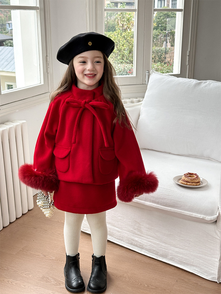 New Fashion Design Fox Leather Detachable New Year's Red Wool Coat and Skirt Fashion Set for Girls