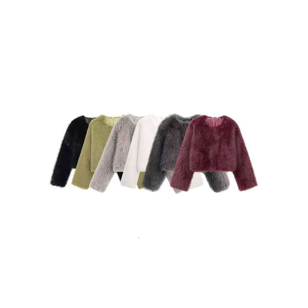 Women's Thick Warm Faux Fur Cropped Jacket, O Neck, Long Sleeve, Female Outerwear, Chic Tops, Fashion