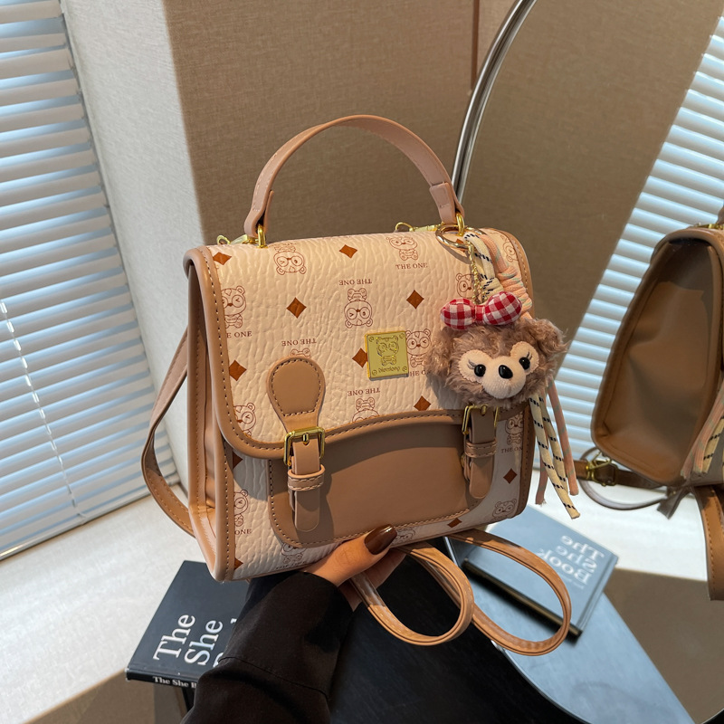 Designer bag trendy contrasting printed small square bag casual and versatile commuting backpack for women pink brown white