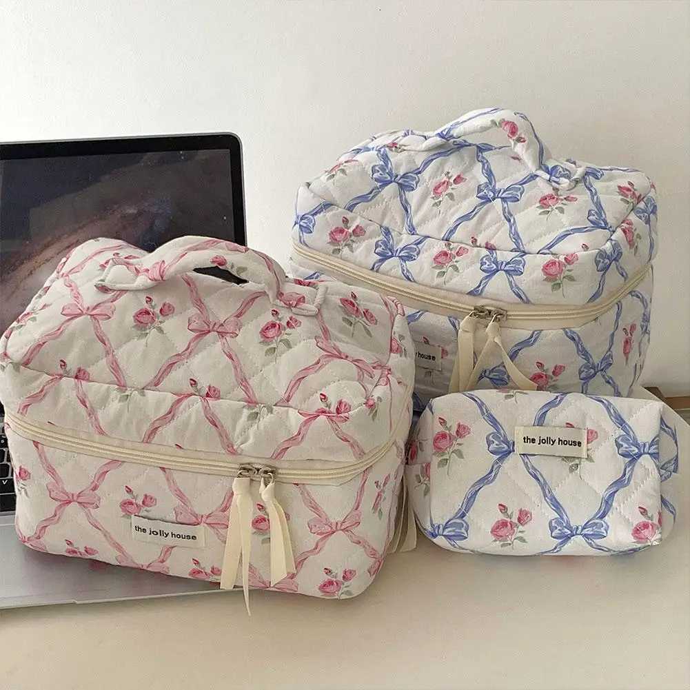 Cute Bow Flower Quilting Makeup Bag Women Zipper Cosmetic Organizer Female Cloth Handbag Portable Toiletry Case For GirlsT251024