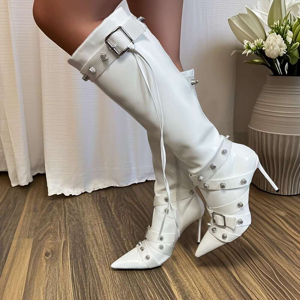 Women's Knee Stiletto Studded Gothic Pointed Toe Rivets Tassel Long Boot Sexy High Heel Punk Boots Motorcycle Zipper Party Festival