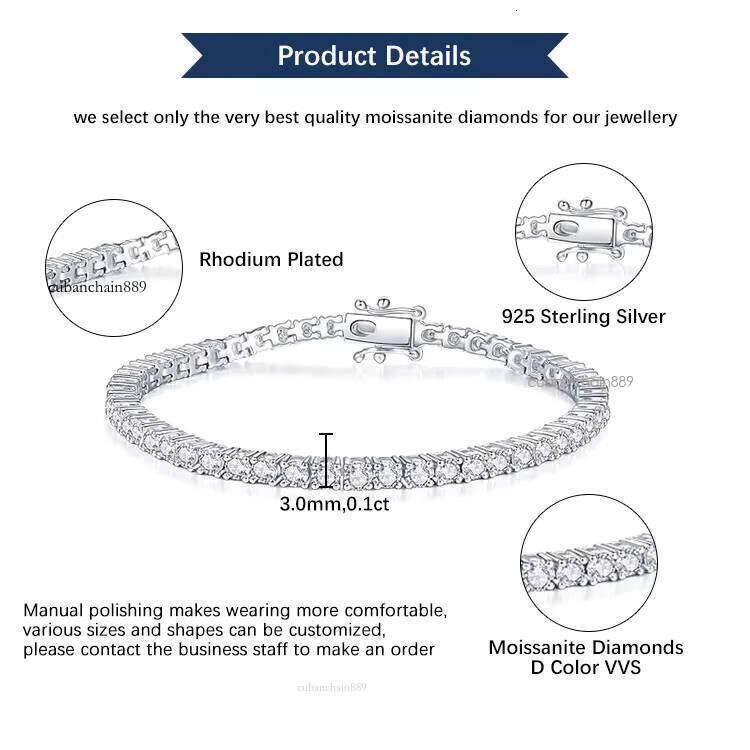 Custom Hiphop Chain Men 3-5mm GRA Certified VVS Dia Sterling Sier Moissanite Tennis Necklace