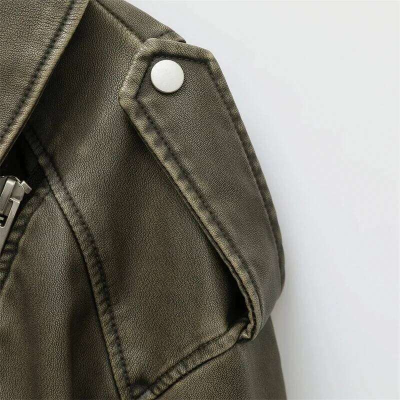 Vintage Loose Pu Faux Leather Short Jacket With Belt Streetwear Female Zipper Retro Moto Biker Coat Outwear Tops