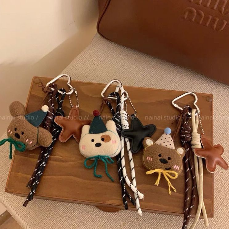 High-End Coffee Brown Cartoon Plush Bear Charm - Cute Doll Pendant, Beaded Chain Keychain for Backpacks
