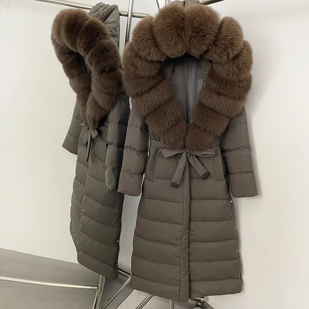 OFTBUY Large Real Fox Fur Collar XLong Puffer Jacket Women Hooded Winter White Duck Down Coat Thick Female Parkas With Belt 251024