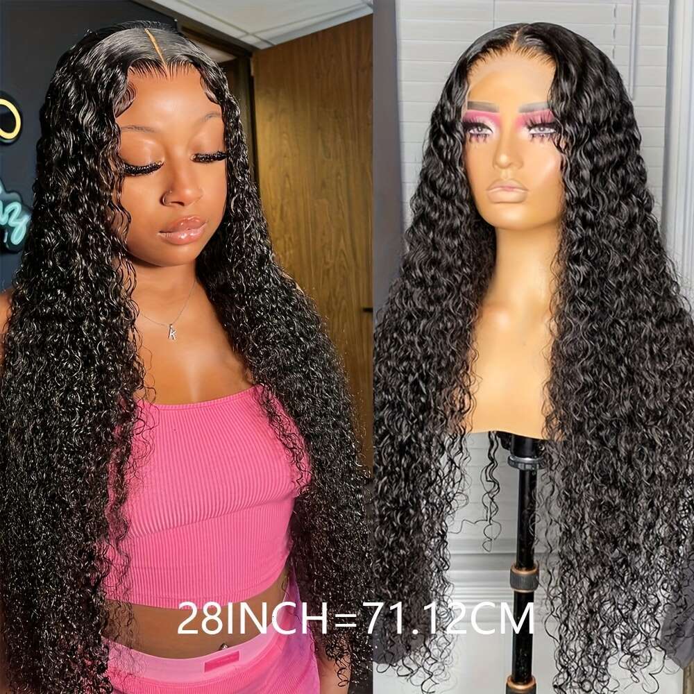 ESTILAR Deep Front Water Wave Curly Natural Black 13X4 HD Lace Frontal Wig Full And Thick Human Hair Wigs for Halloween Christmas Festivals