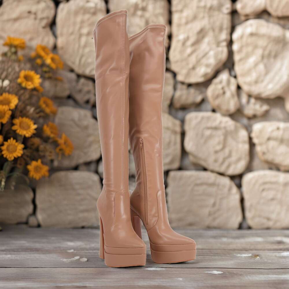 Women's Platform Knee Boots High Chunky Heel With Point Toe Side Zipper Stretch Boot