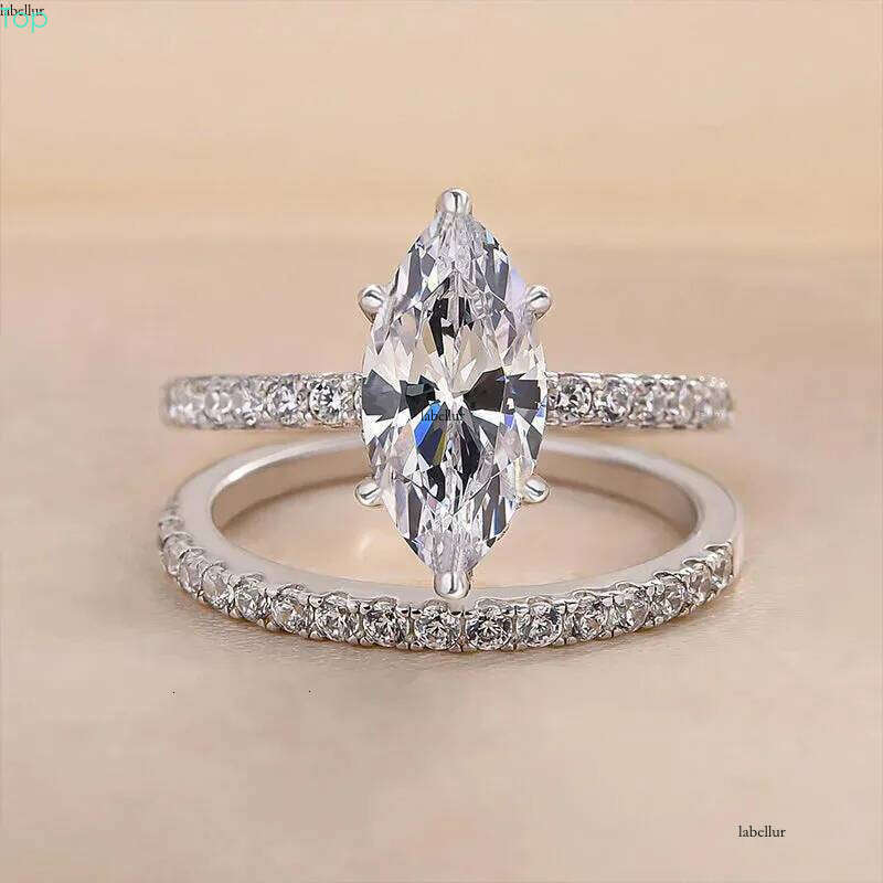 Rulalei Brand Drop Ship Sparkling Wedding Rings Jewelry Sterling Sier Marquise 5A Cubic Zircon Dia Gemstones Party Eternity Women Couple Ring Set