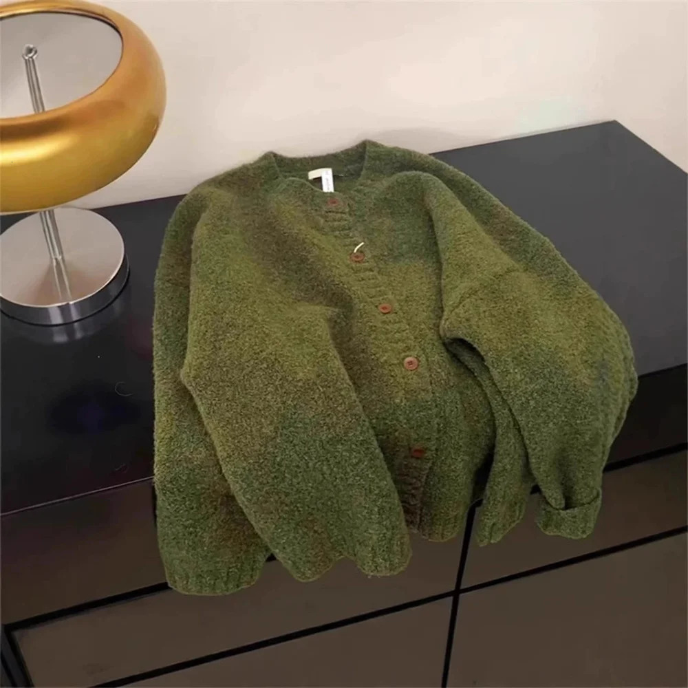 Retro Green Knitted Cardigan Womens Autumn Winter Round Neck Single Breasted Soft Thick Sweater Loose Casual Basic Coat 251013