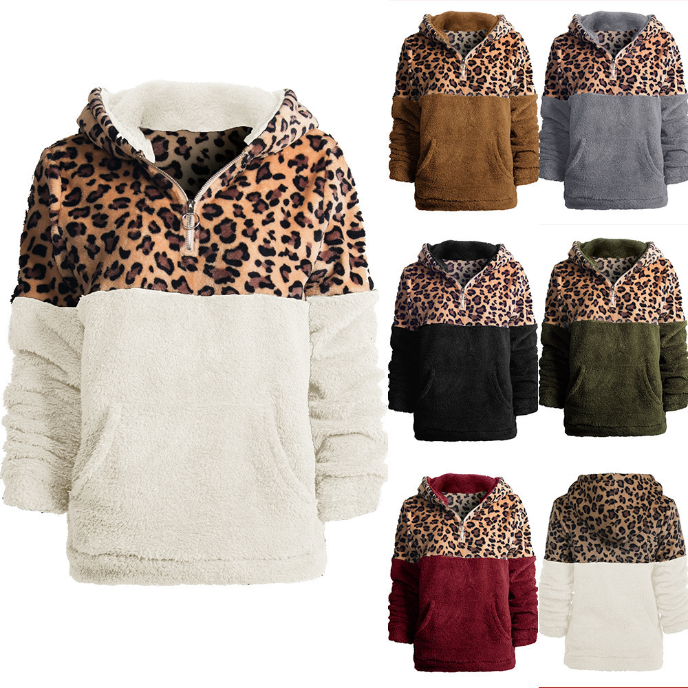 Pockets Patchwork Leopard Fleece Short Jacket Women Autumn Winter Fashion Lapel Zipper Coats Teddy Female Outerwear 210510