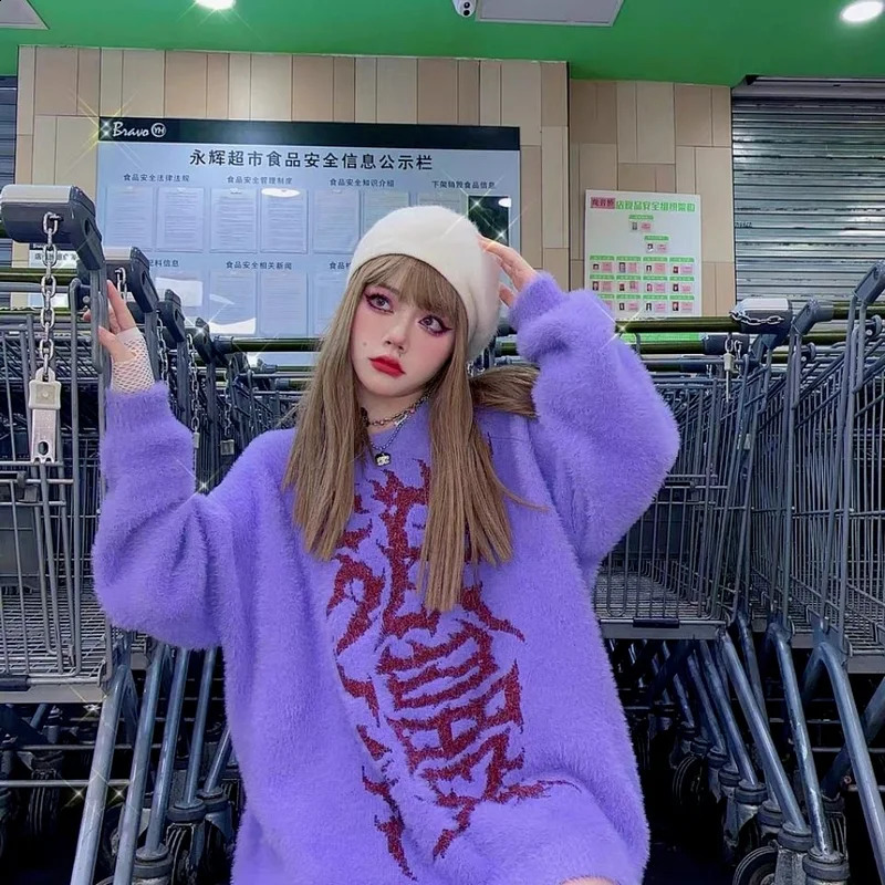 KOSAHIKI Romance Letter Print Japanese 2k Vintage Sweater Women Knitted Purple Pullover Harajuku Loose Mihair Jumper 251023