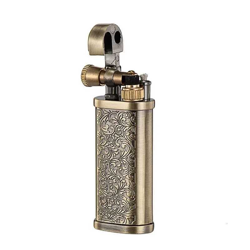 Vintage Engraved Pattern Flint Lighter Open Flame Metal Raised Arm Grinding Wheel Ignition Mens Gadgets D251024