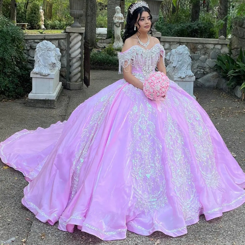 Luxury Pink Princess Crystal Beading Tassel Quinceanera Dresses Ball Gown Sequined Appliques Lace Sweet 15 Anos Mexican