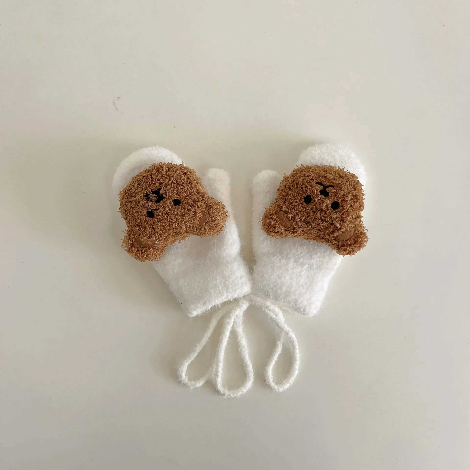 14Y Cartoon Bear Baby Mittens Winter Warm Kids Baby Girl Gloves Knitted Children Toddler Thick Teething Mitten Handschoen Y251024