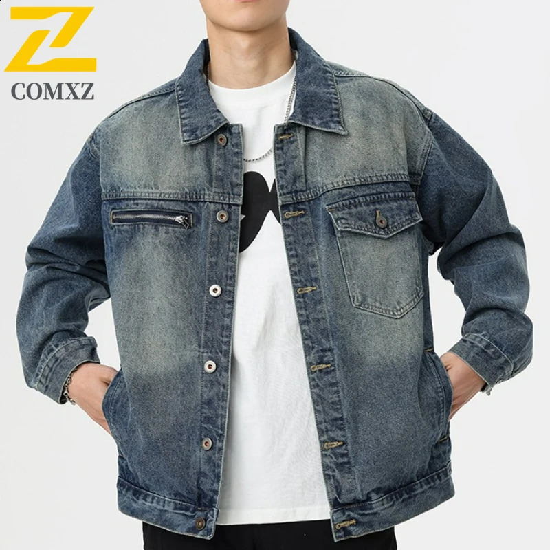 COMXZ Men Solid Denim Jackets 2025 Fashion Motorcycle Vintage Jeans Hommes Slim Fit Streetwear Style Autumn Coat 251017