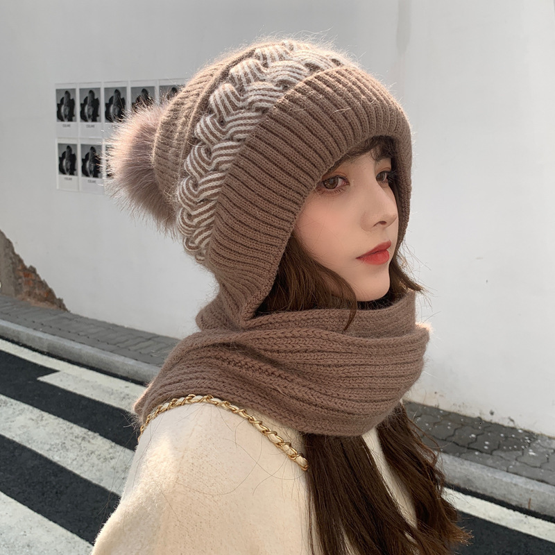 for Women Autumn Cute Hat Knitted Cold Ear Neck Protection Thickened Wool Scarf Integrated Winter Warmth