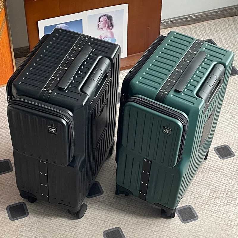 FrontOpening Luggage Multifunctional Travel Suitcase 20Inch CarryOn Business Aluminum Frame Side Pocket Trolley SuitcaseW251024