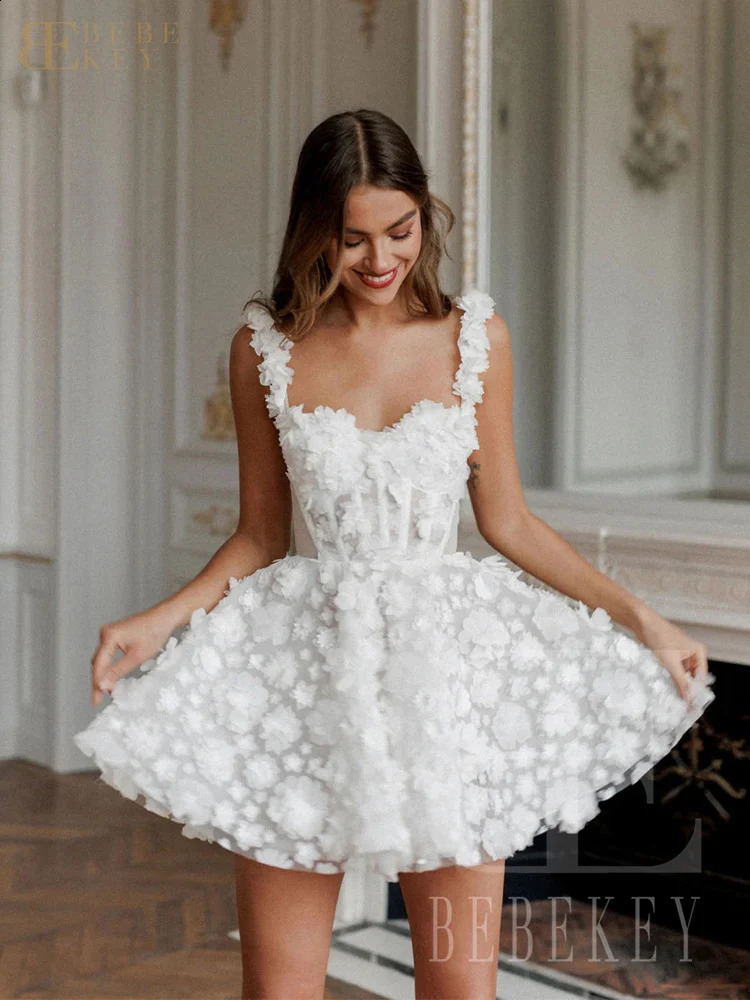 BEBEKEY Customized 3D Flower Mini Prom Dresses Short Spaghetti Straps Aline Lace Evening Party Dress Formal Party Gown Robe 251023