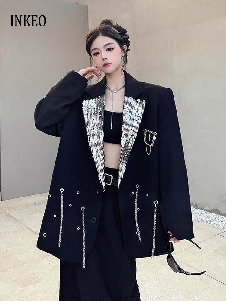 Chain sequined blazer for women Spring Autumn Notched collar long sleeve jacket Oversized Ladies INKEO 4O135 251023
