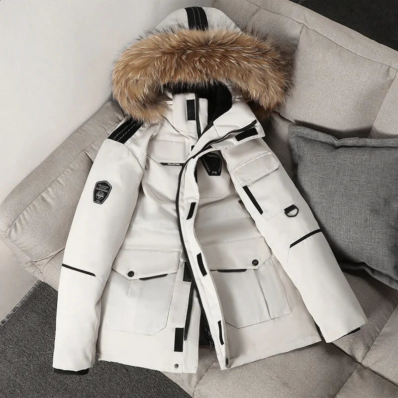 Winter Down Jacket Mens Coldproof Tooling Parka Male South Korea Running Fur Collar Hooded White Duck Down Warm Coat 251020