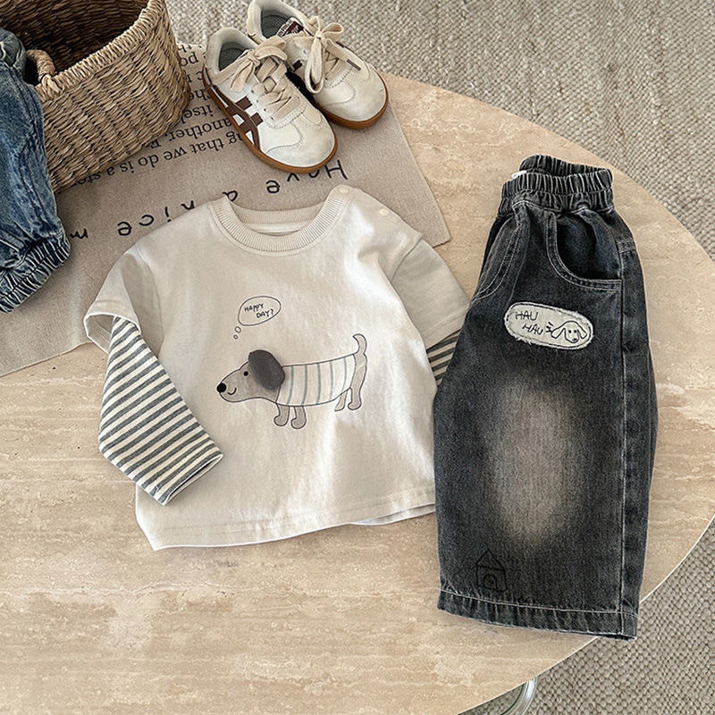 Free Shipping 2025 Trendy Boys Outfit, Mock Layered Long Sleeve Top with Denim Pants, Cool Spring / Autumn Kids Set
