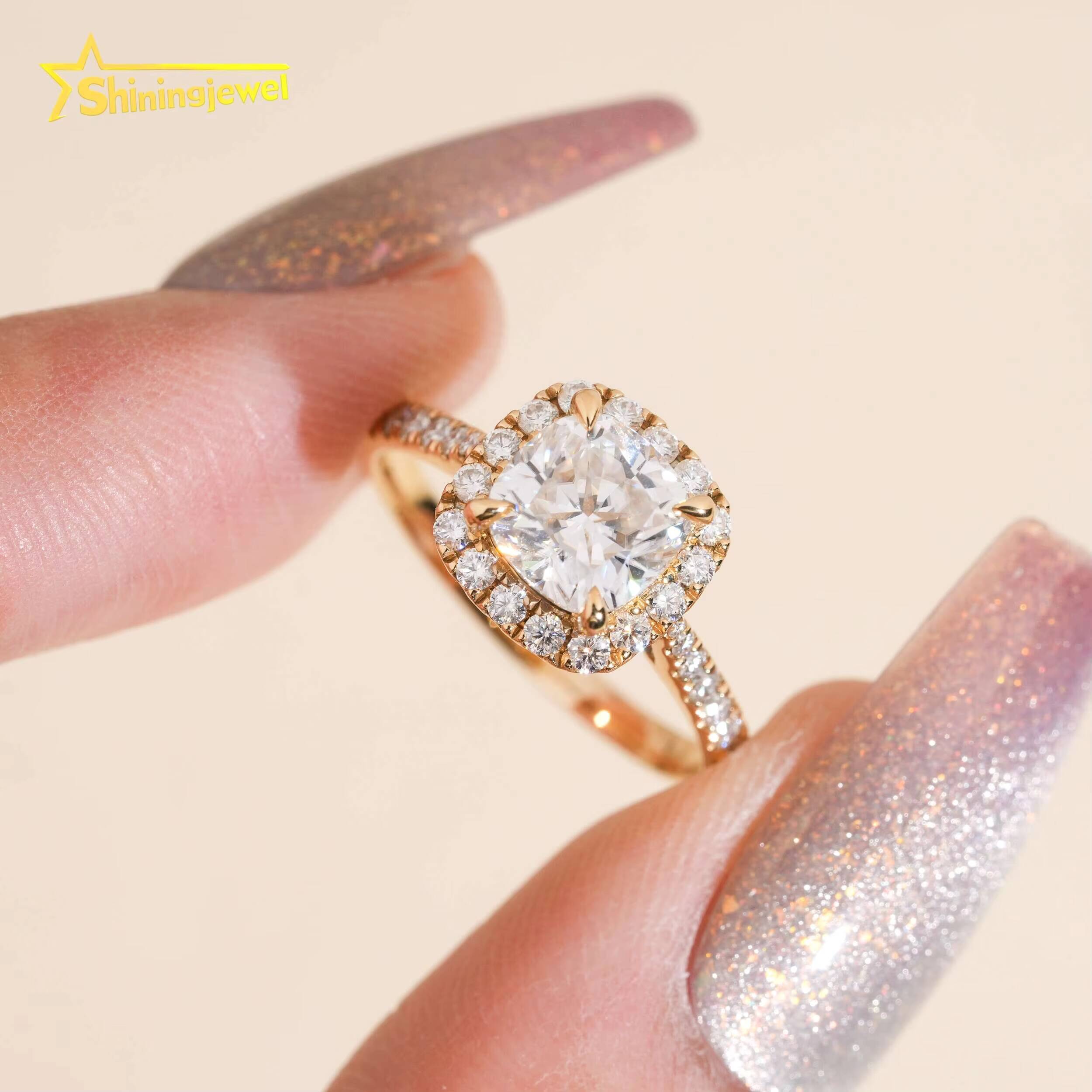 14K Solid Gold VVS Cushion Cut Moissanite Diamond Women Engagement Ring Half Eternity Band Hip Hop Jewelry Wedding Band