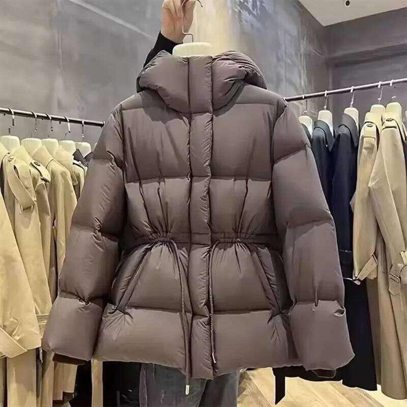 Fashion Cotton-Padded Jacket Women Autumn Winternew Down Coat Female Parkas Hooded Drawstring Waist Thick Warm Overwear Lady Top Womens Coat