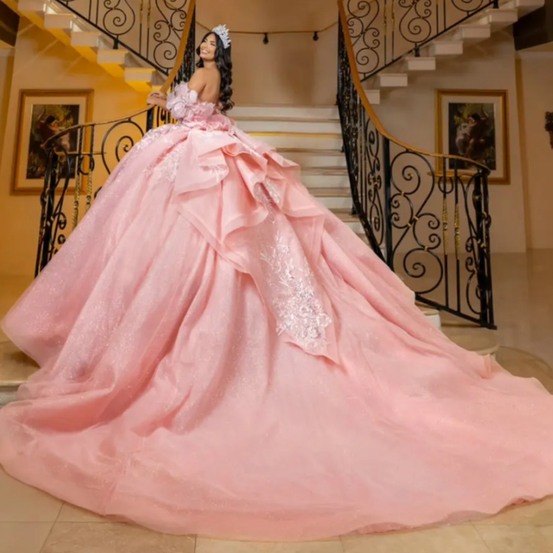 Pink Beading Pearls Quinceanera Dresses Ball Gown Sequined Appliques Lace Bow Sweet 15 Anos Mexican