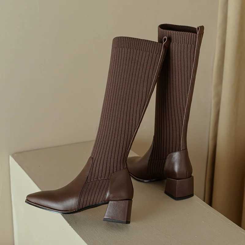 Women Knitted Long Boots Autumn Winter New Knee High Socks Shoes Woman Fashion Slip on High Heels Retro Elastic Botas Mujer W251024