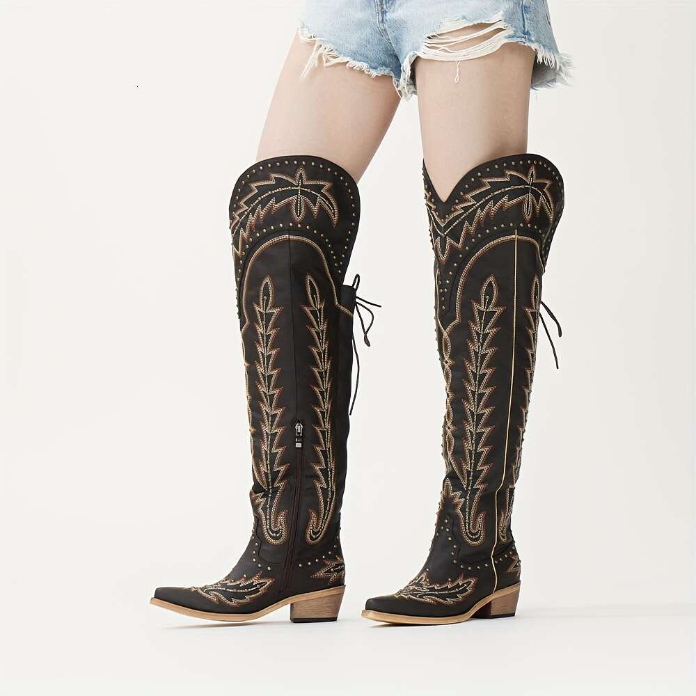Women's Western Cowgirl Thigh-High Cowboy - Embroidered Chunky Heel With Back Lace-Up, Side Zipper & Studded Detailing, Pointed Toe Faux Cover Bo