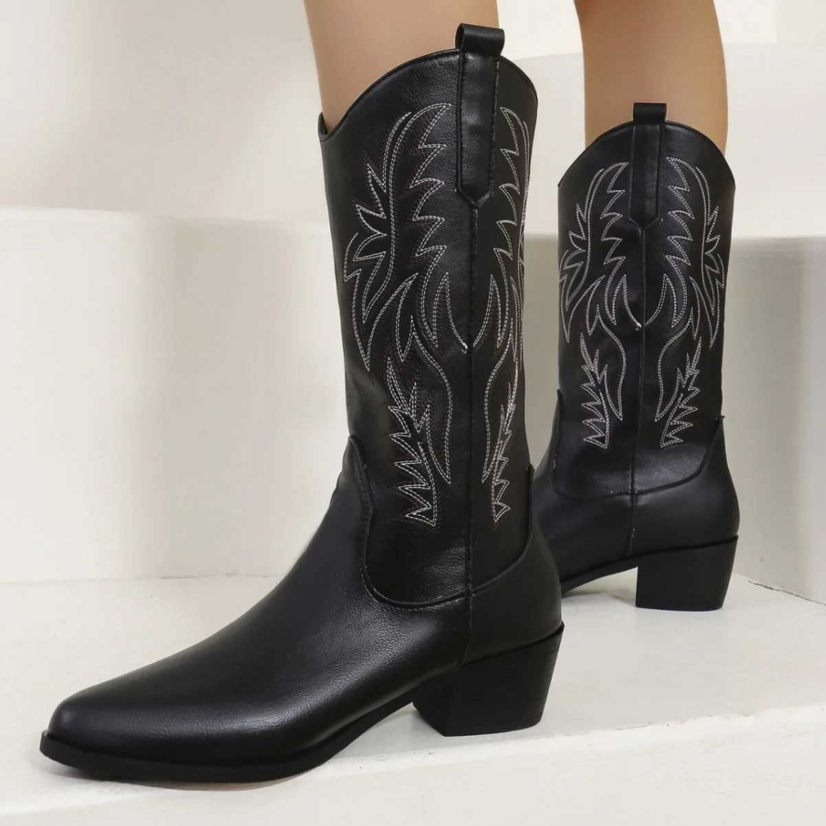 Womens Western Cowboy Knight Boots Large Size Long Tube Pointed Toe Square Heel Retro Style Winter Rubber Sole Shoes W251024