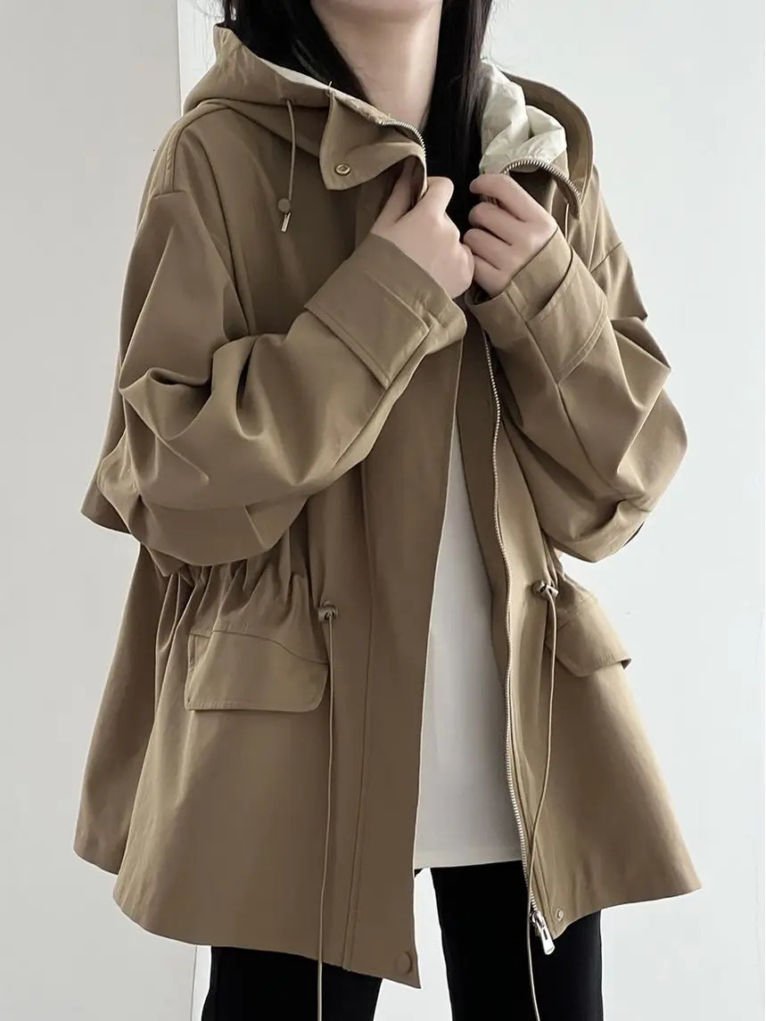 Cotton Khaki Hooded Trench Coat Womens Autumn And Winter Short Retro Casual Loose Top 251021