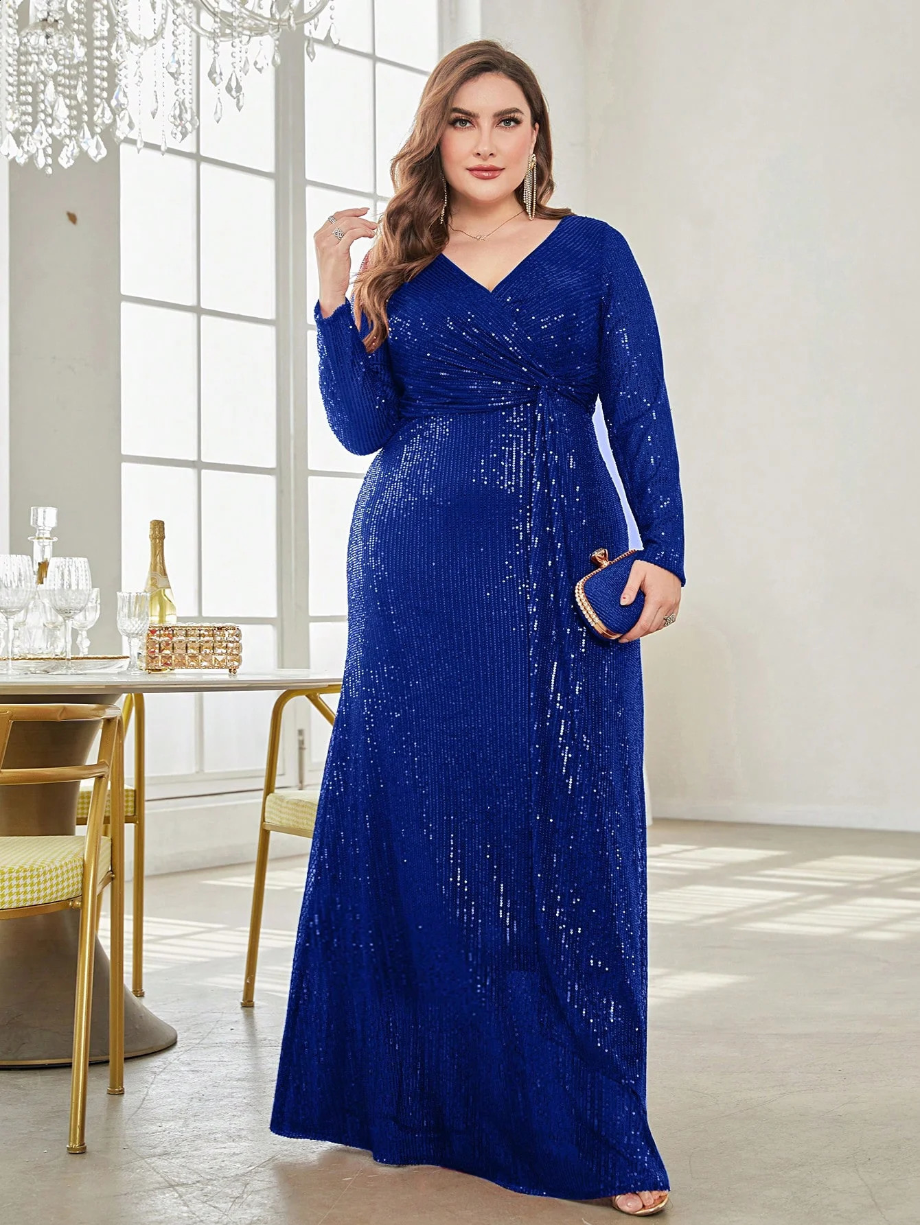 Plus Size VNeck Long Sleeves Sequins Evening Dresses Women Elegant Party Maxi Cocktail Graduation Gowns 251023