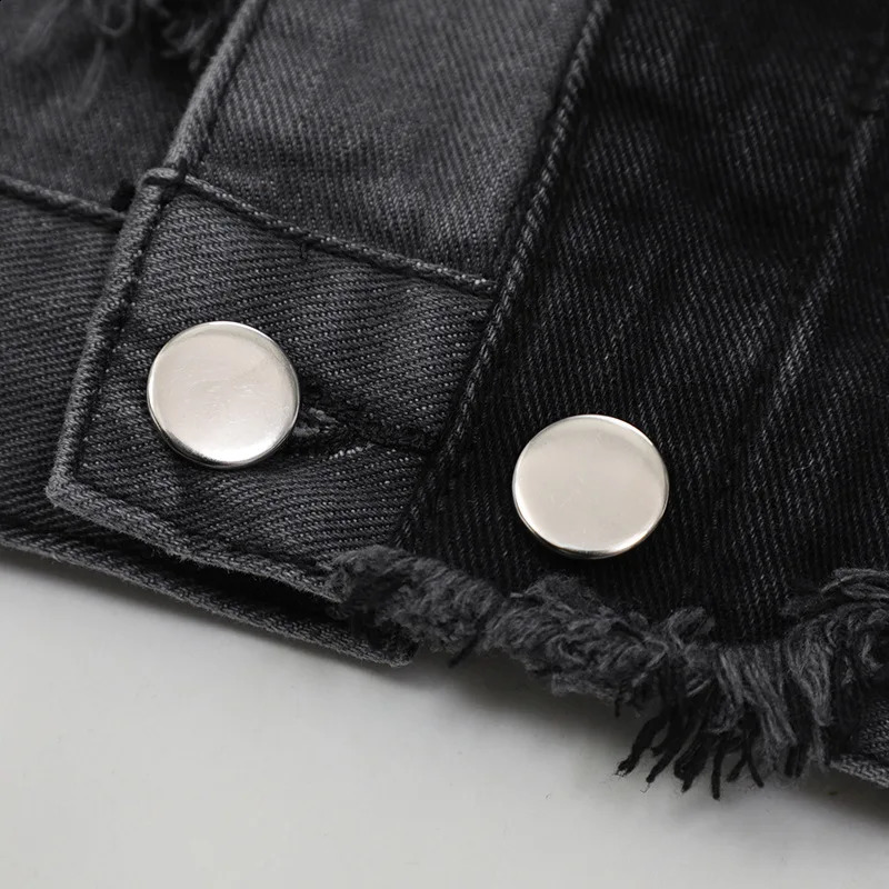American High Street Washed Grayblack Stitching Pierced Denim Jacket Irregular Burr Long Sleeve Men 251017