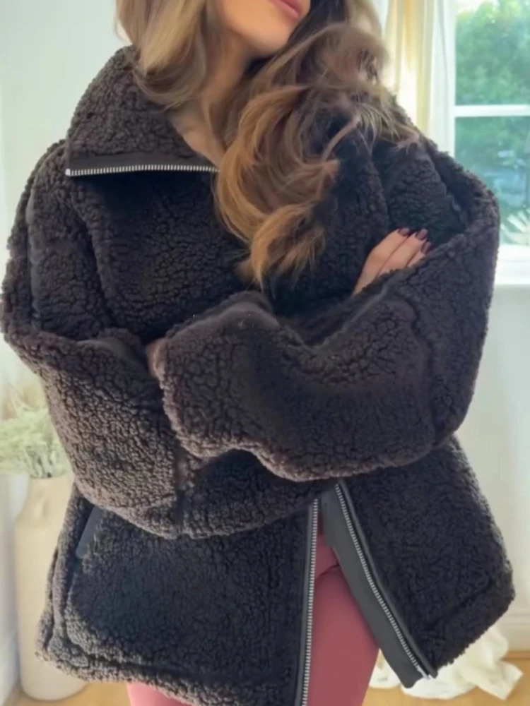 Vintage Zipper Lamb Wool Women Jacket Casual Stand Collar Long Sleeve Pocket Female Short Coats Autumn Lady Outerwear 251021